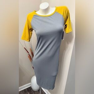 NEW LuLaRoe Julia Sheath Dress Sz XS Solid Gray Body Mustard Yellow Sleeves NWT